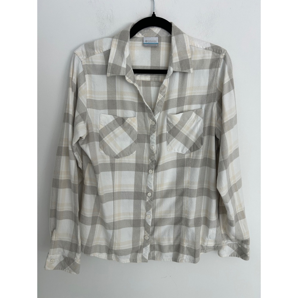 Columbia Womens Plaid‎ Flannel Button Down Shirt Grey Tan Long Sleeve Large